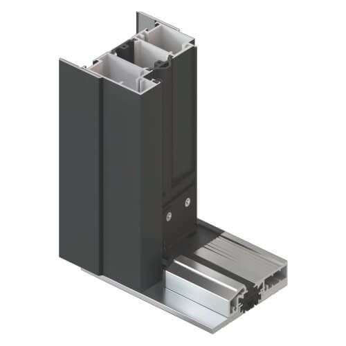 Querschnitt eines Aluminium-Türrahmens, schwarze Außenseite, silberne Innenseite mit Schraubbefestigungen.