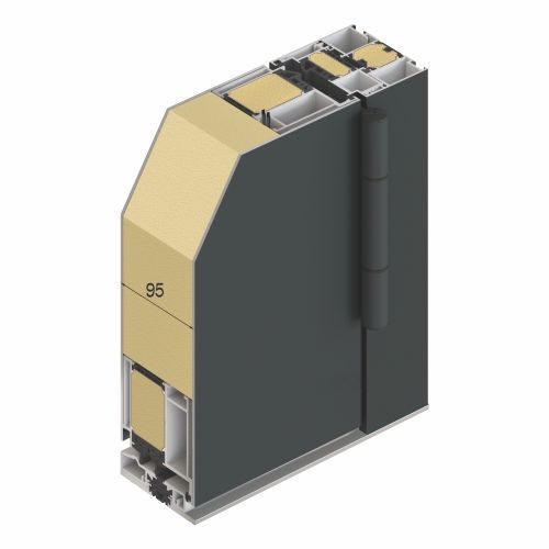 Querschnittsdiagramm einer Tür; dunkelgraue Außenseite, hellbraune Innenseite, sichtbares Scharnier und 95 mm Maß.