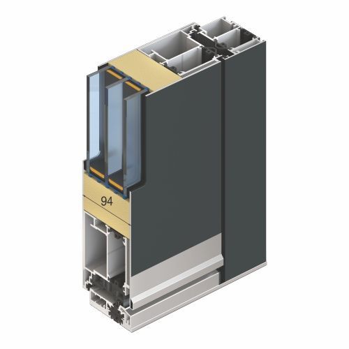 Querschnitt eines Türrahmens mit Glasscheiben. Mit Isolierung, dunkelgrauer Außenseite und Maßangaben.