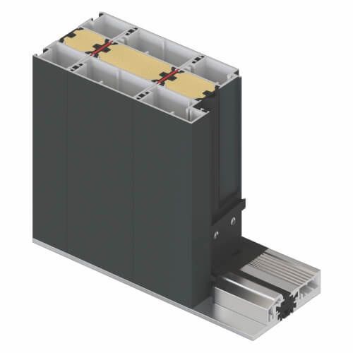 Schnittansicht eines dunkelgrauen Aluminiumfensterrahmens, die die inneren Komponenten zeigt.