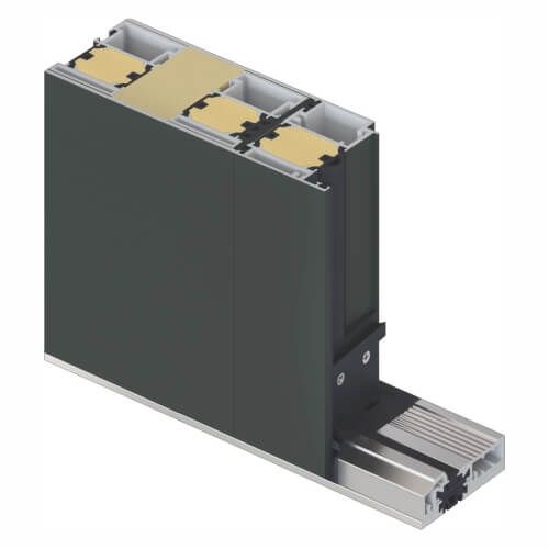 Querschnitt eines dunkelgrauen architektonischen Aluminiumtürrahmens, der die Innenisolierung und eine untere Führungsschiene zeigt.