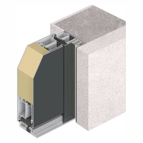 Querschnitt eines Türrahmens mit Dämmung und Außenwand, der Konstruktionsdetails zeigt.