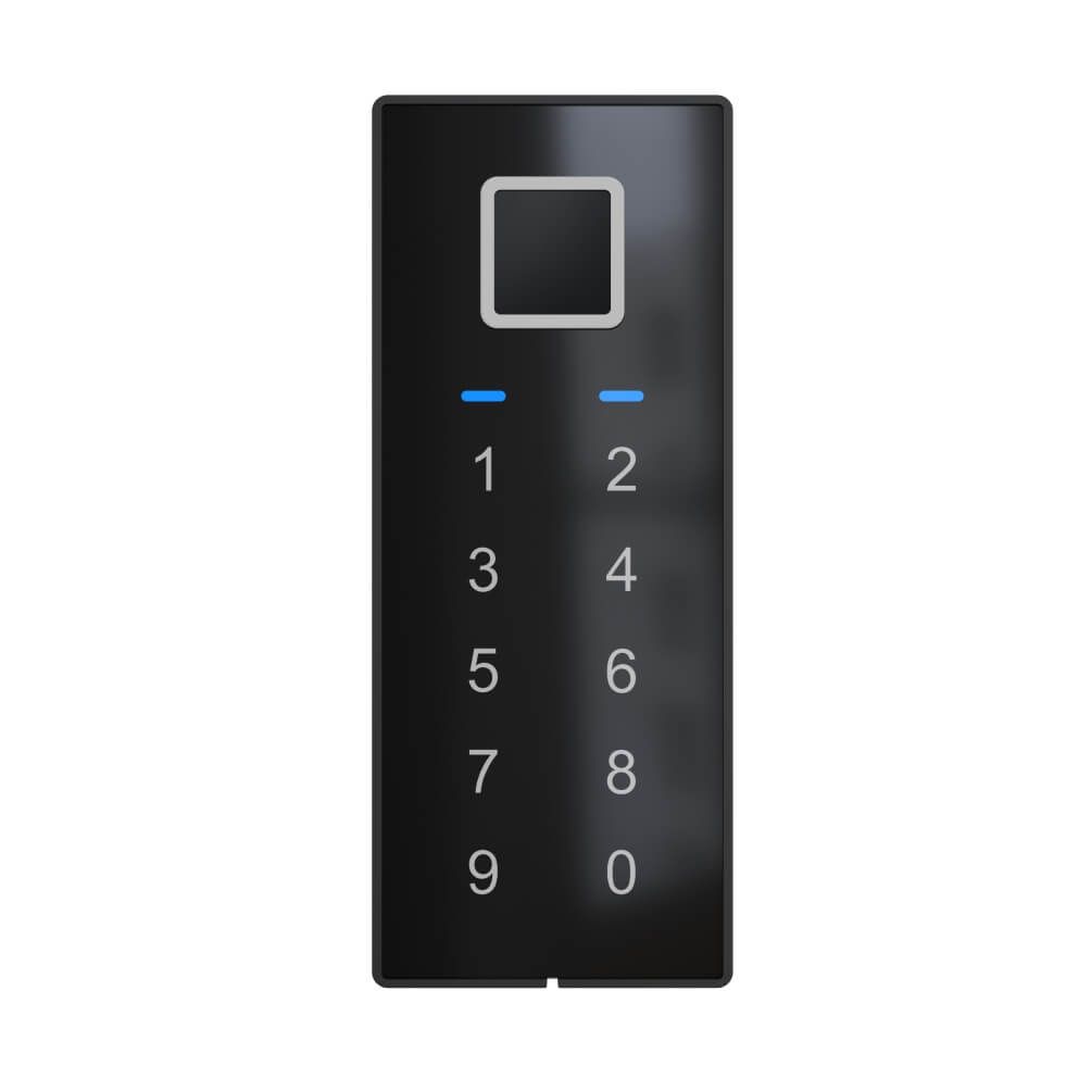 Schwarze Tastatur mit Fingerabdrucksensor und beleuchteten Ziffern 0-9.