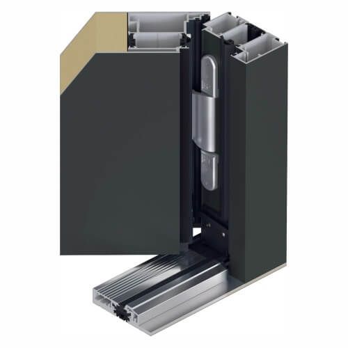 Querschnittansicht einer dunkelgrauen Tür mit Rahmen, silbernem Scharnier und Türschwelle.