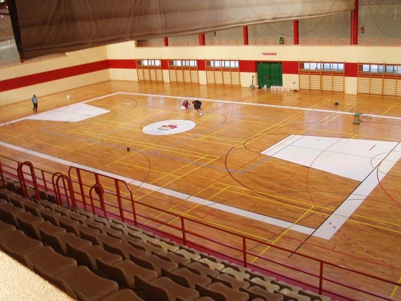 Una cancha de baloncesto en un gimnasio con gradas al fondo.