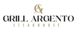 Logotipo de Grill Argento Steakhouse en negro y dorado sobre fondo blanco.