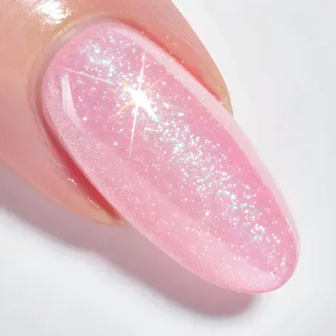 Eine Nahaufnahme eines rosa Nagels mit Glitzer darauf.