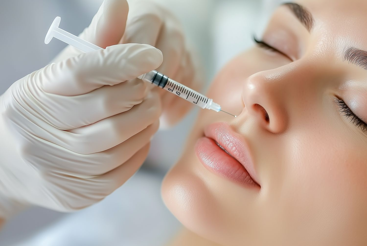 Eine Frau bekommt eine Botox-Injektion ins Gesicht.