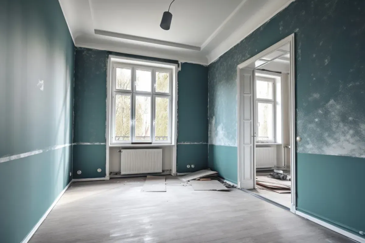 Habitación vacía con paredes turquesas, molduras blancas, ventana y puerta a otra habitación.