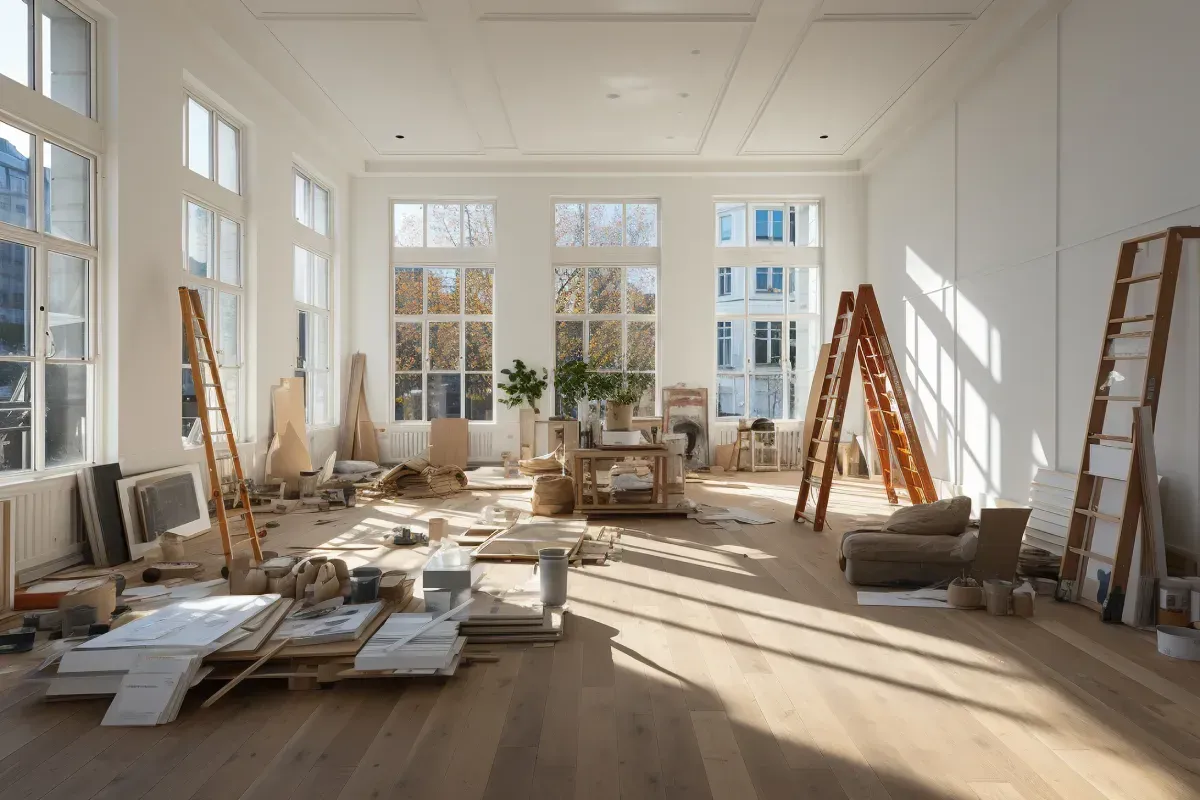 Habitación luminosa y vacía con materiales de construcción, escaleras y grandes ventanales con vistas al paisaje urbano.