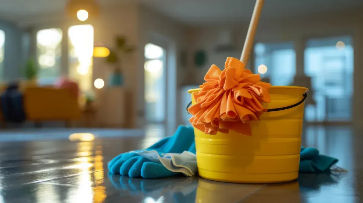 Cubo amarillo, trapeador y guante de limpieza azul sobre un piso brillante e iluminado por el sol.