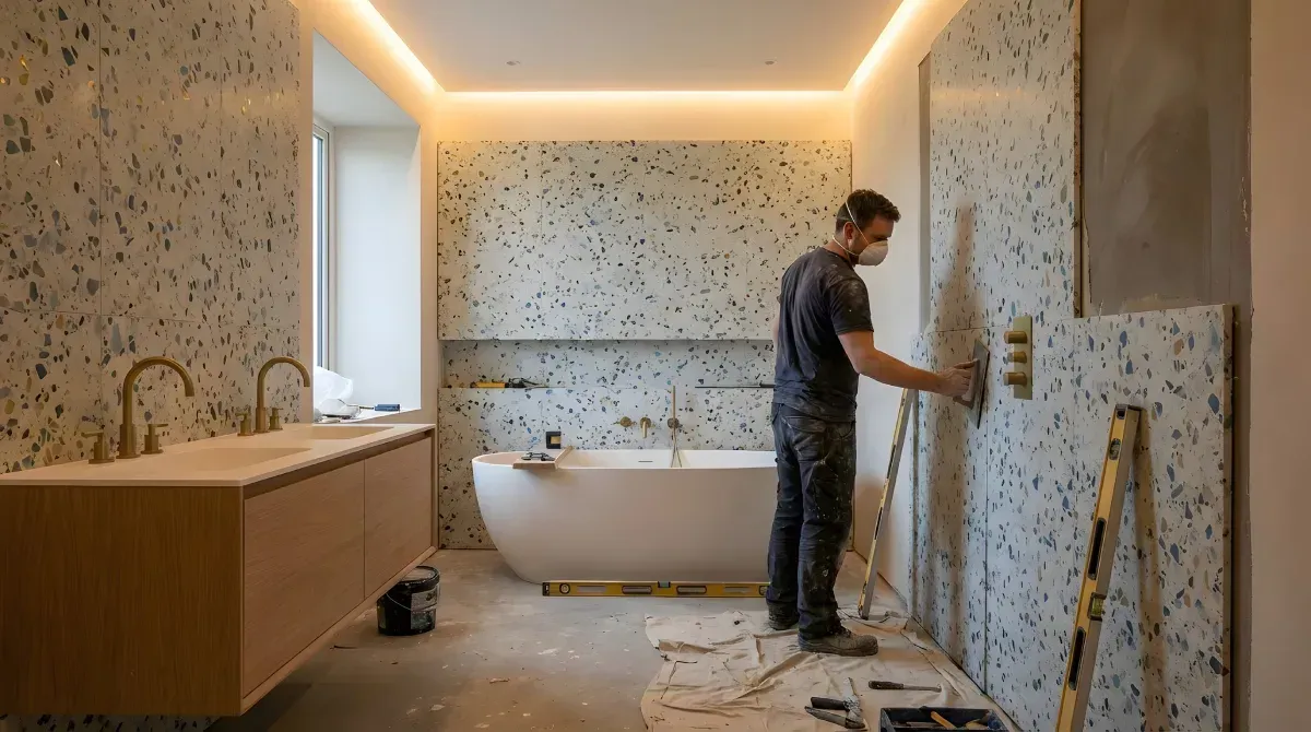 Hombre recubriendo un baño con paredes de terrazo y un tocador de madera flotante.