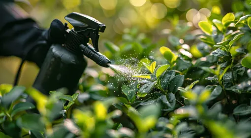 Una mano enguantada rocía un arbusto verde con un pulverizador negro, arrojando niebla.