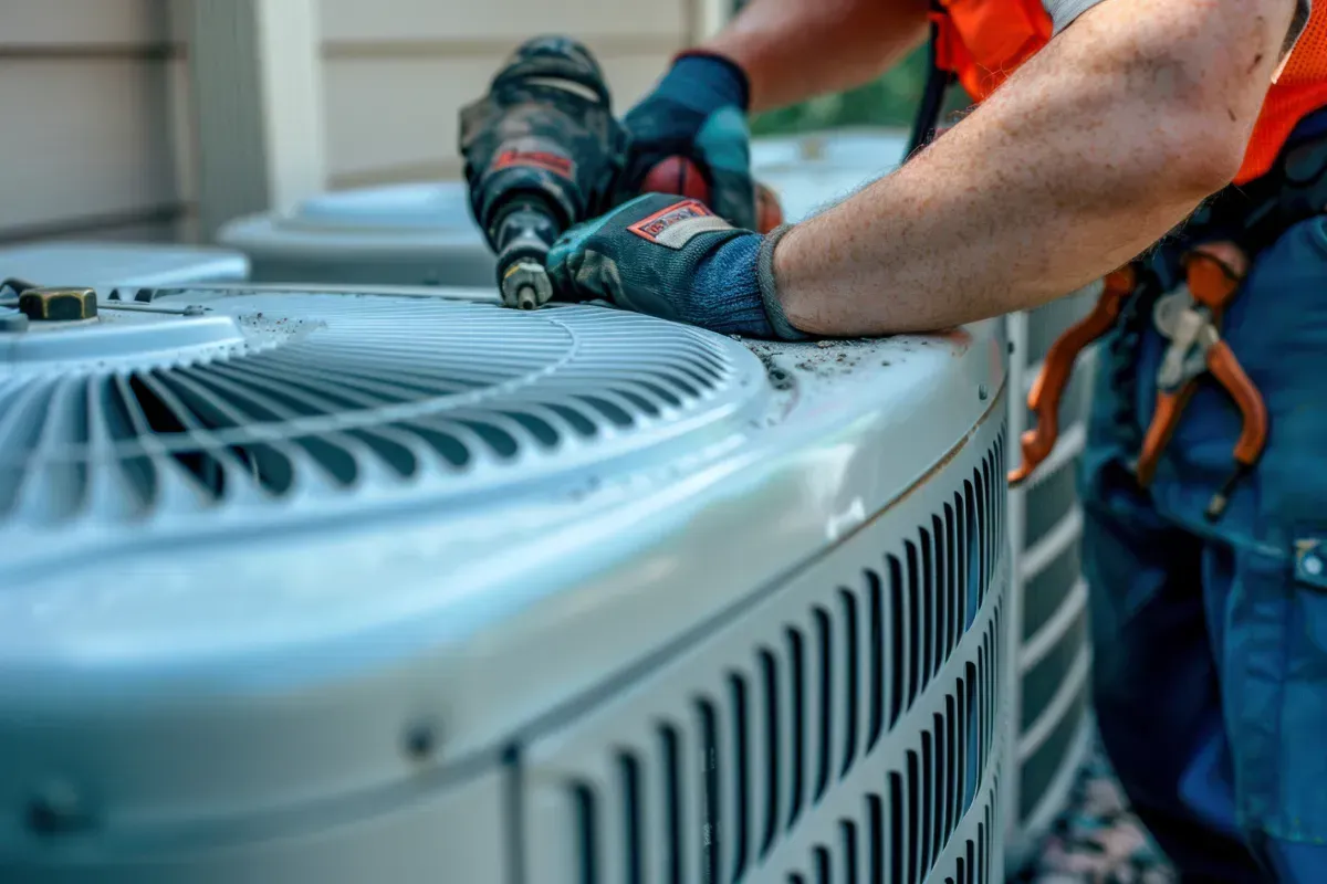 Técnico de HVAC trabajando en una unidad de aire acondicionado en el exterior, usando guantes y chaleco de seguridad.