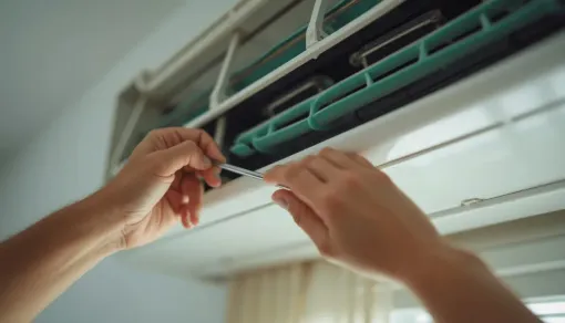 Manos limpiando el filtro del aire acondicionado. Primer plano de las manos de una persona