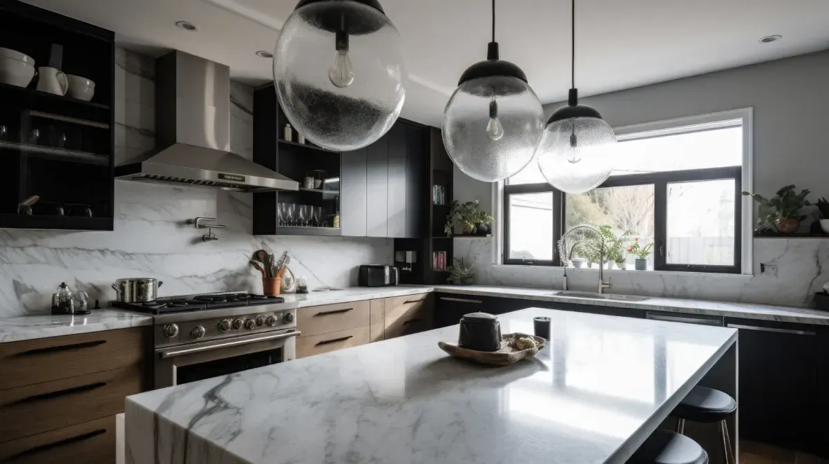 Cocina moderna con encimeras de mármol, electrodomésticos de acero inoxidable y luces colgantes tipo globo.