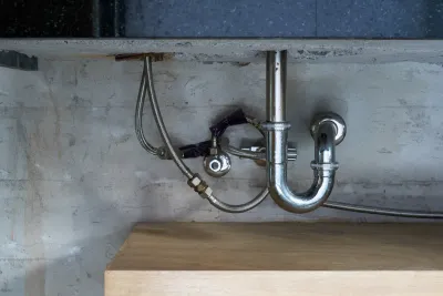 Parte inferior de un fregadero: tuberías cromadas y plomería contra una pared de hormigón de color claro.