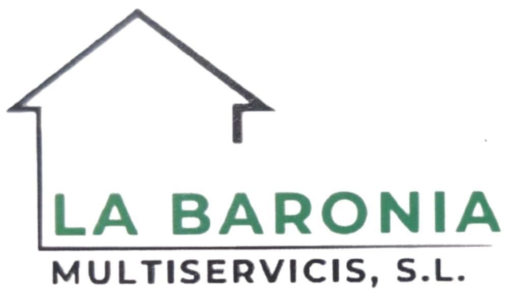 Logotipo de "LA BARONIA Multiservicis, SL" con contorno de casa y texto en verde y negro.