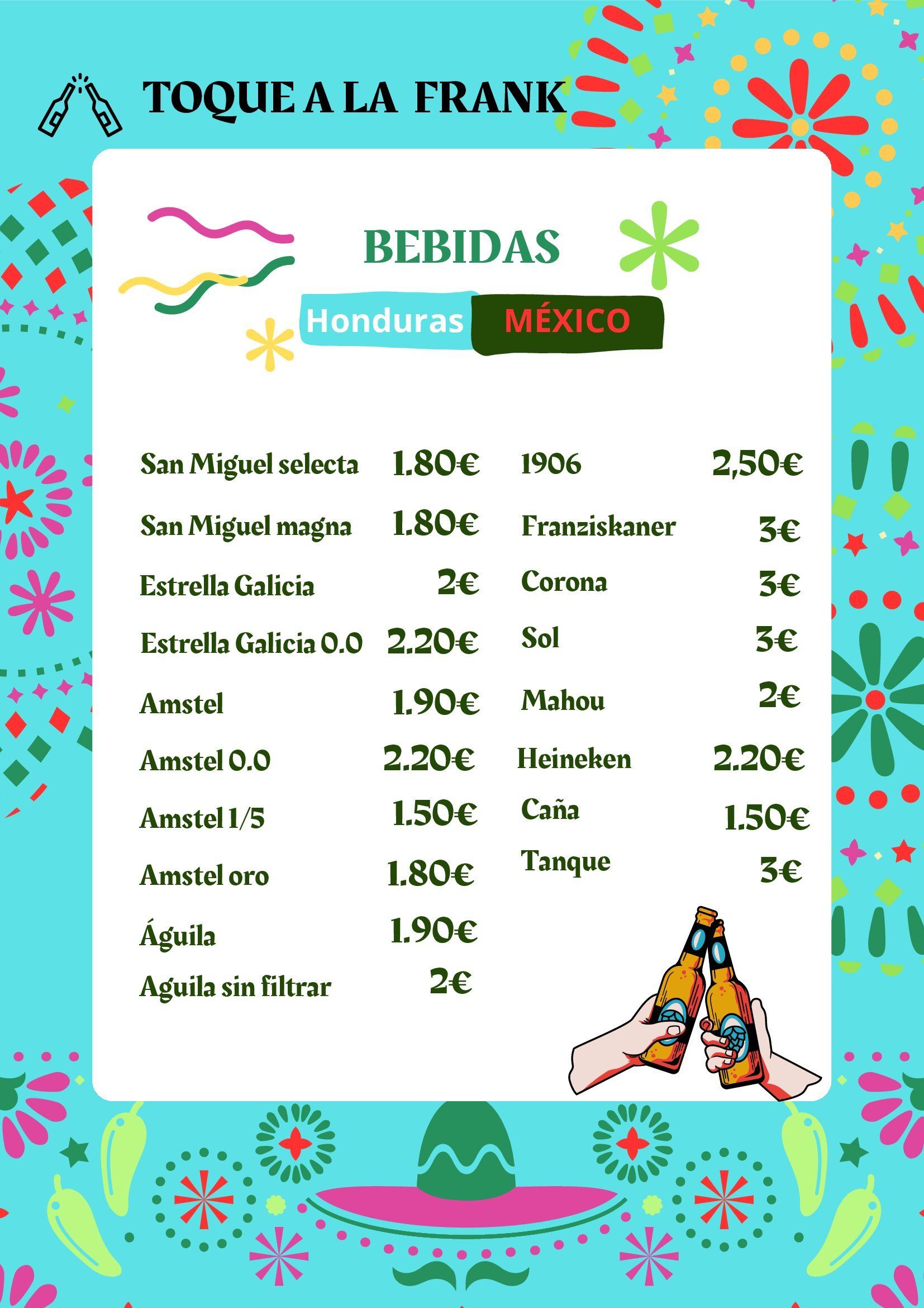 Un menú para un restaurante llamado toque a la frank