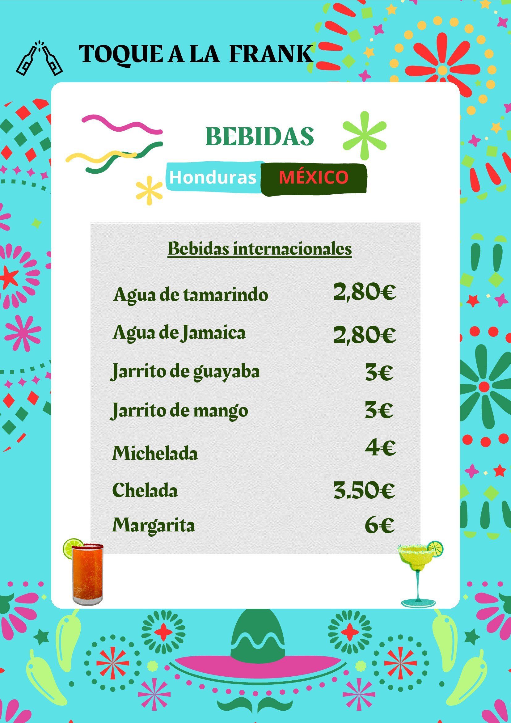 Un menú de bebidas de Honduras y México.