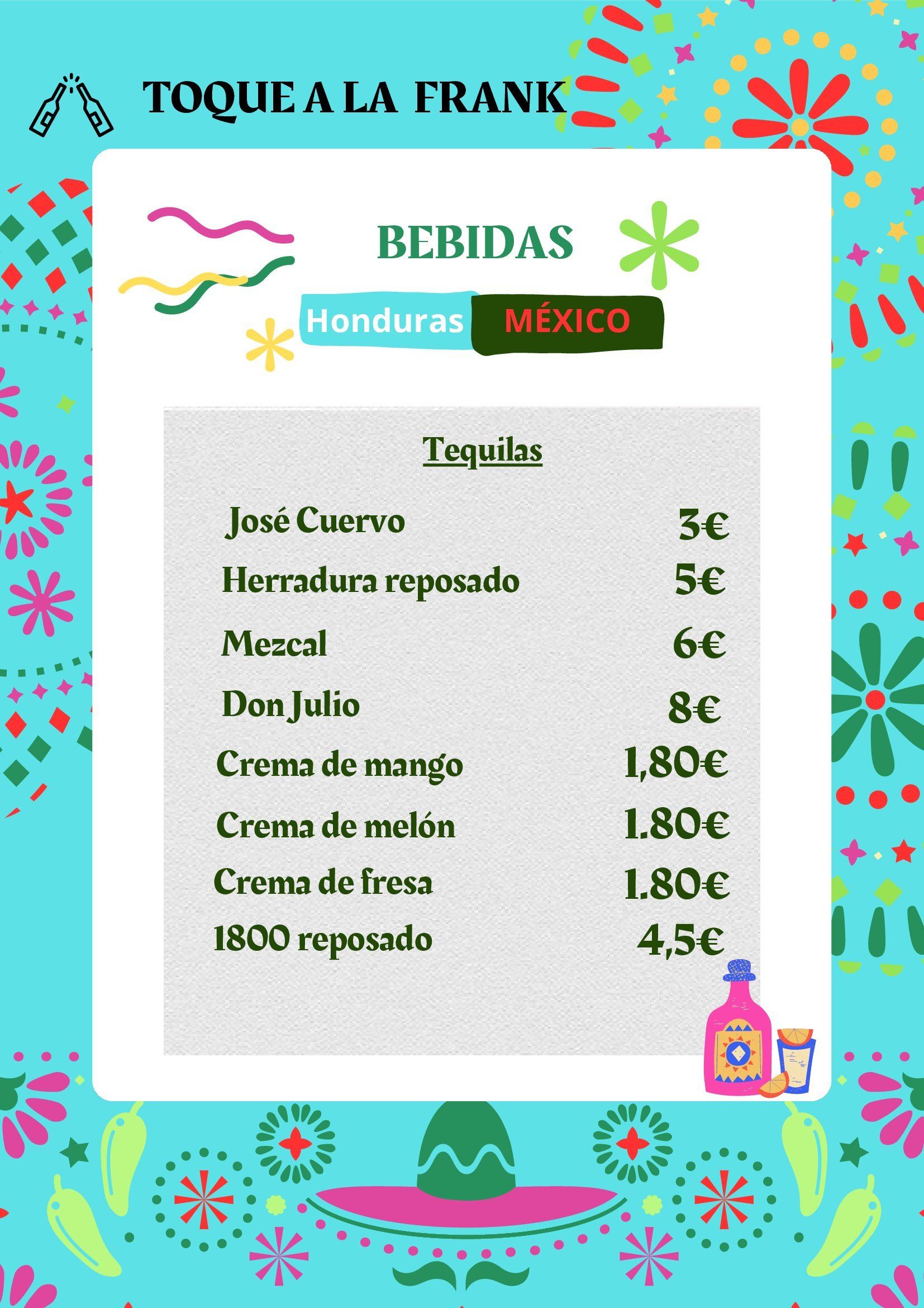 Un menú de bebidas de Honduras y México.