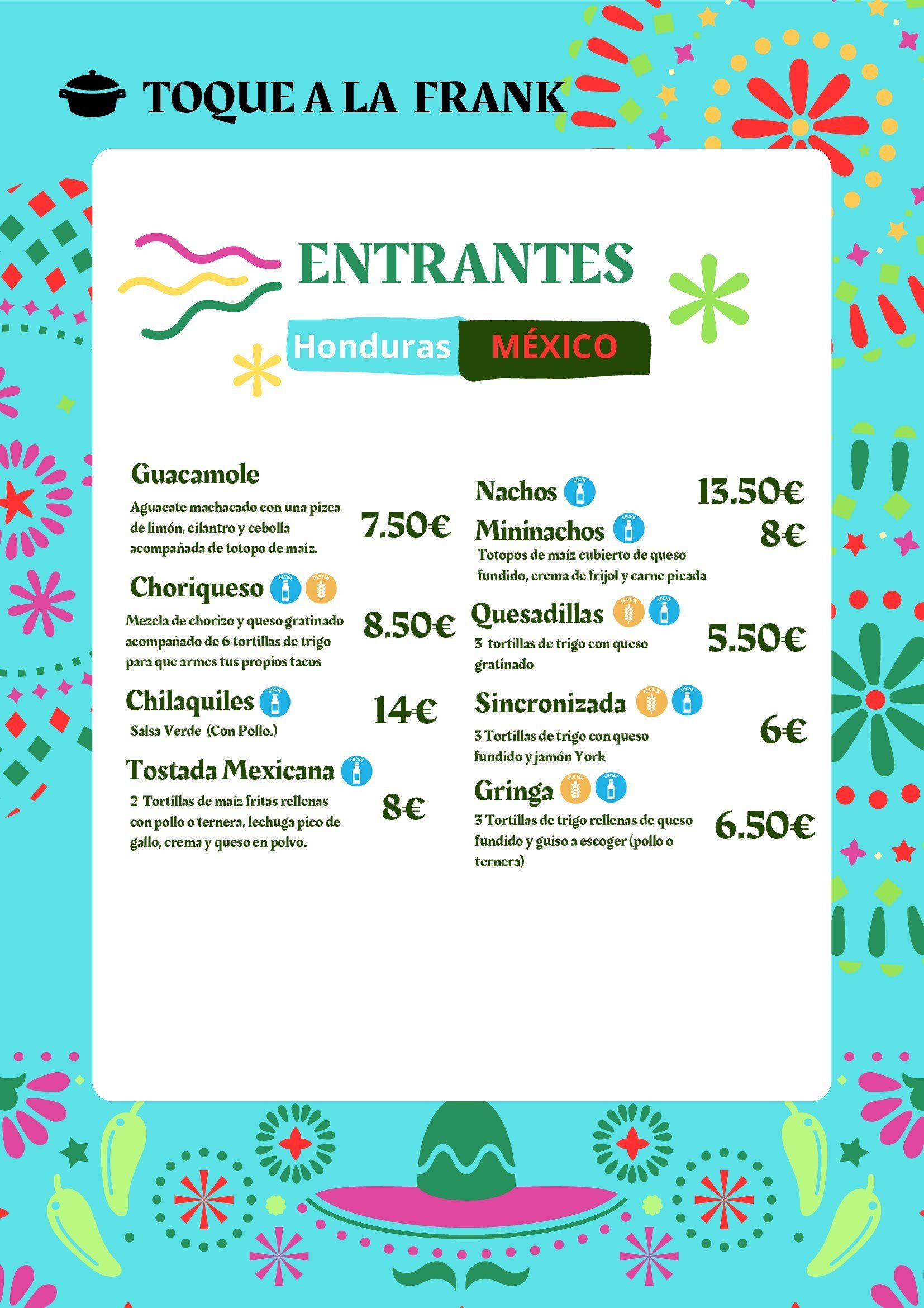 Un menú para un restaurante llamado toque a la frank