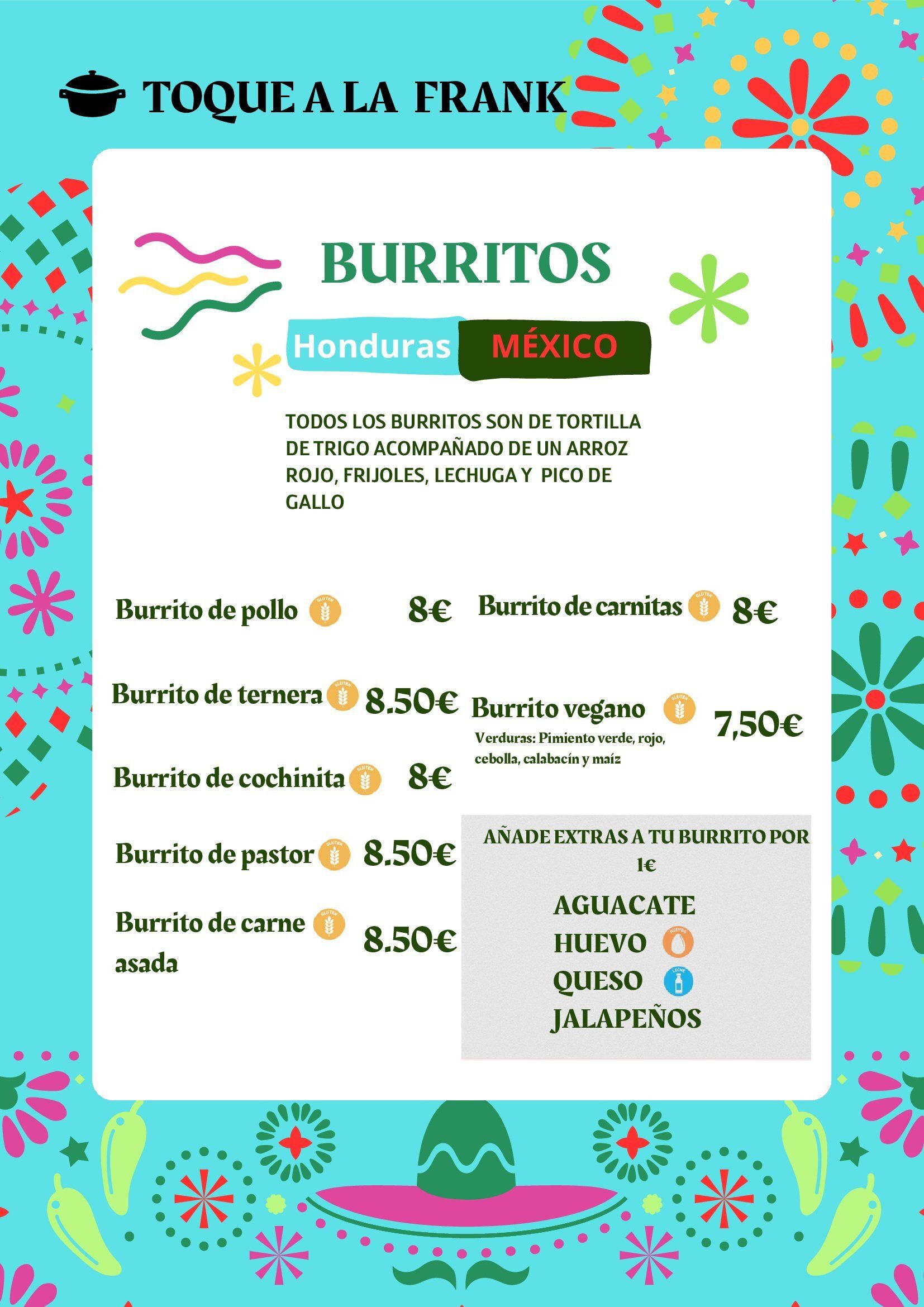 Un menú de burritos de Honduras y México.
