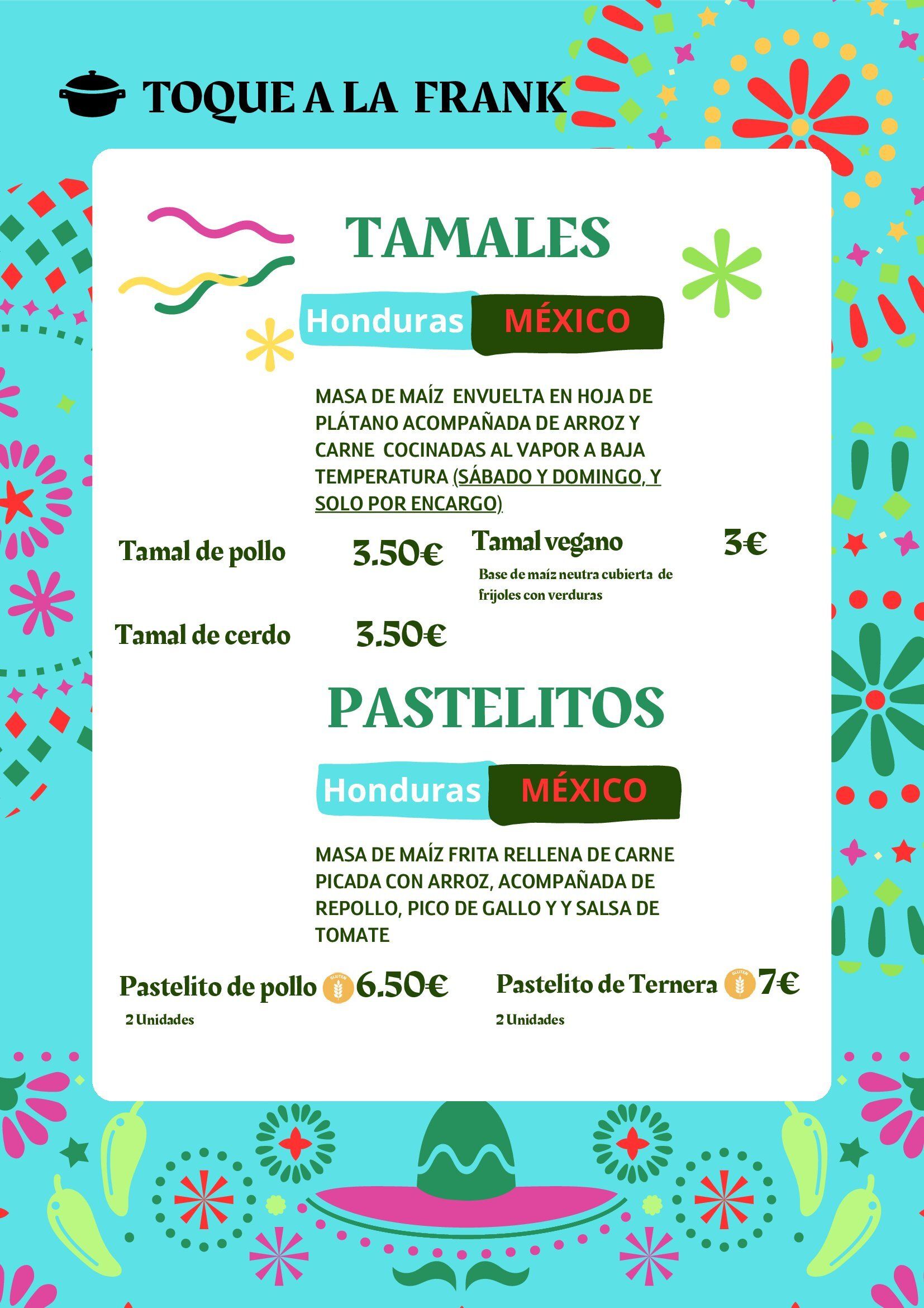 Un menú para un restaurante llamado toque a la frank