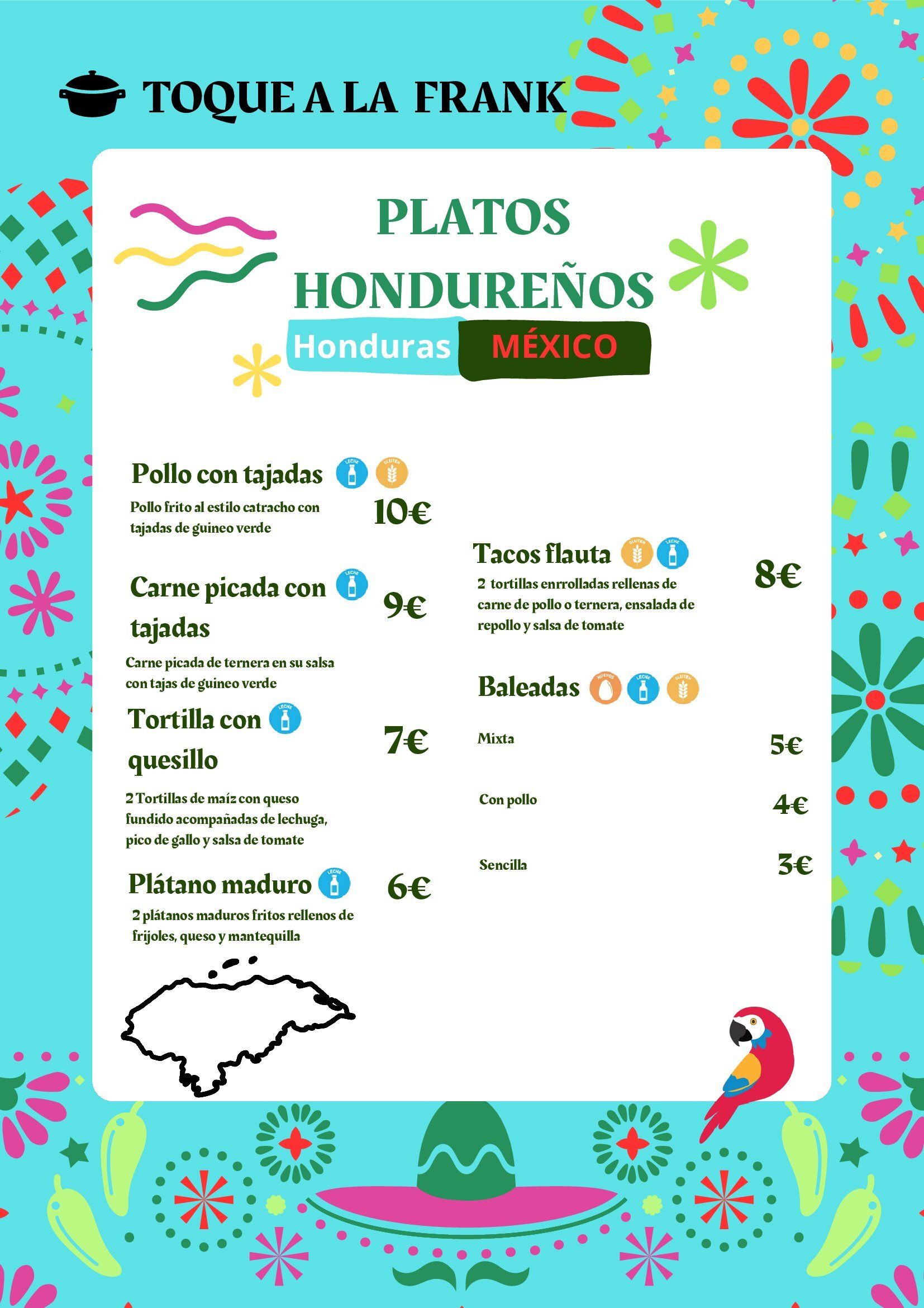 Un menú para un restaurante llamado toque a la frank