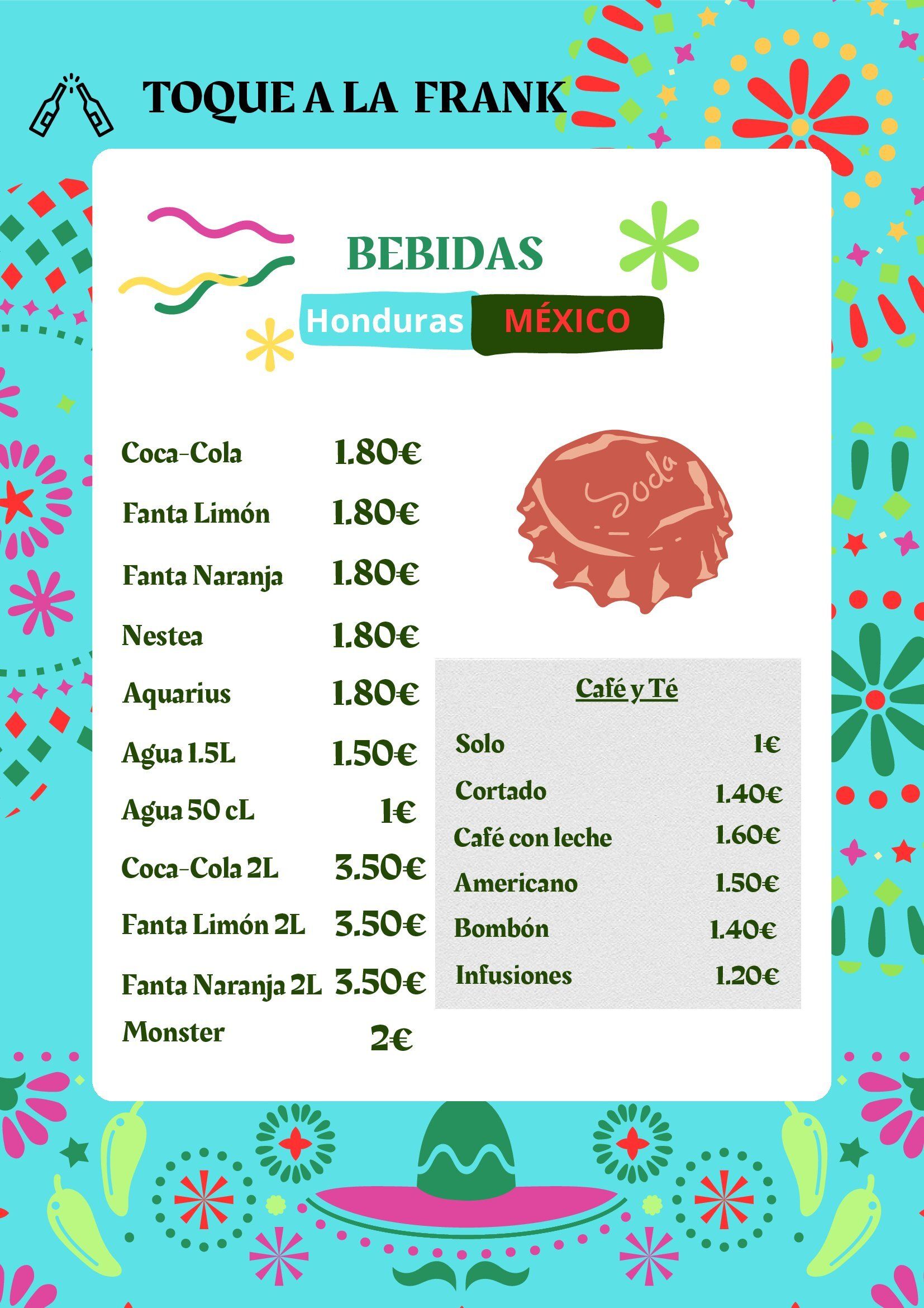 Un menú de bebidas de Honduras y México.