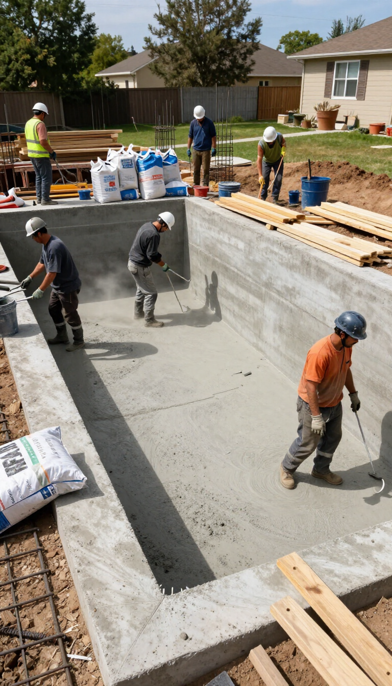 Trabajadores alisando el hormigón de una gran piscina en construcción en un patio trasero, con herramientas y materiales cerca.