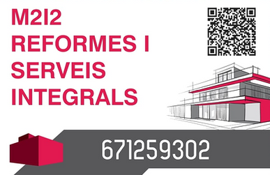 M212 Reformes i Serveis Integrals, letrero con c&oacute;digo QR, gr&aacute;fico del edificio y n&uacute;mero de tel&eacute;fono 671259302
