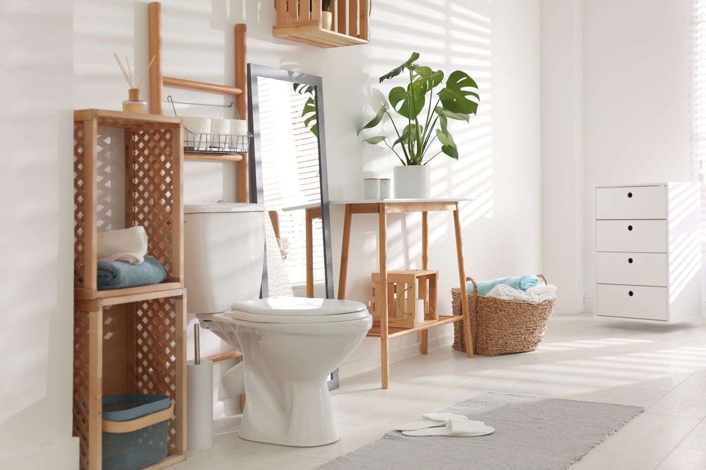 Baño luminoso con inodoro, estantes de madera, planta en maceta y cestas de mimbre, bañado en una suave luz natural.