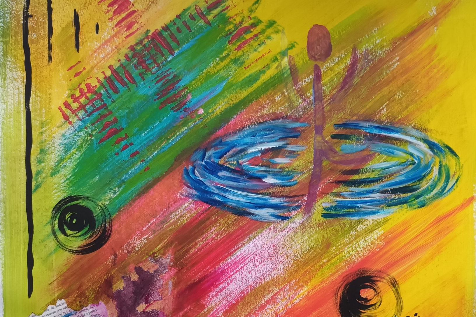 Œuvre abstraite : Fond jaune vif avec des coups de pinceau rouges, verts et bleus ; une spirale bleue centrale, un bonhomme allumette et deux cercles noirs.