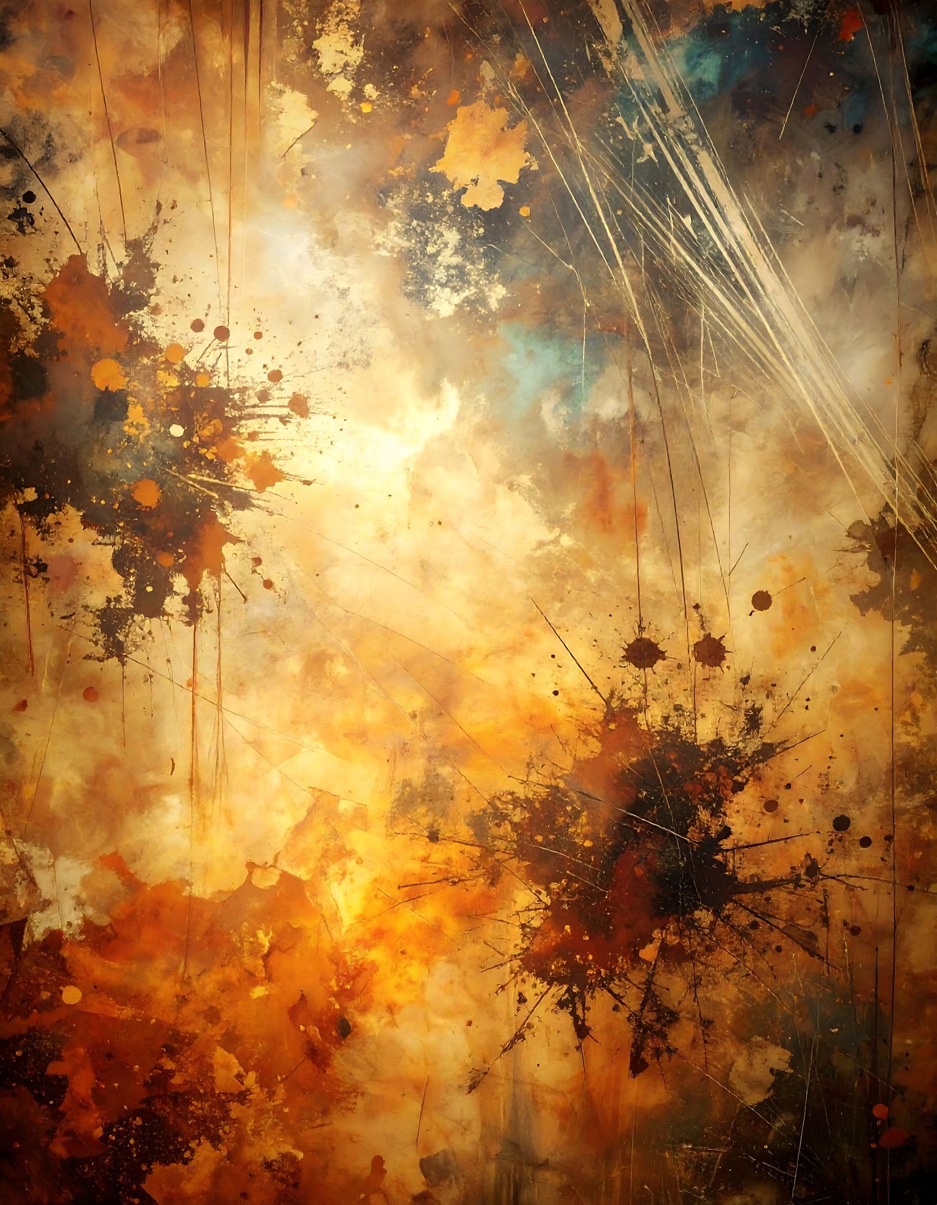 Art abstrait avec des éclaboussures et des traînées de peinture brune, orange et jaune.