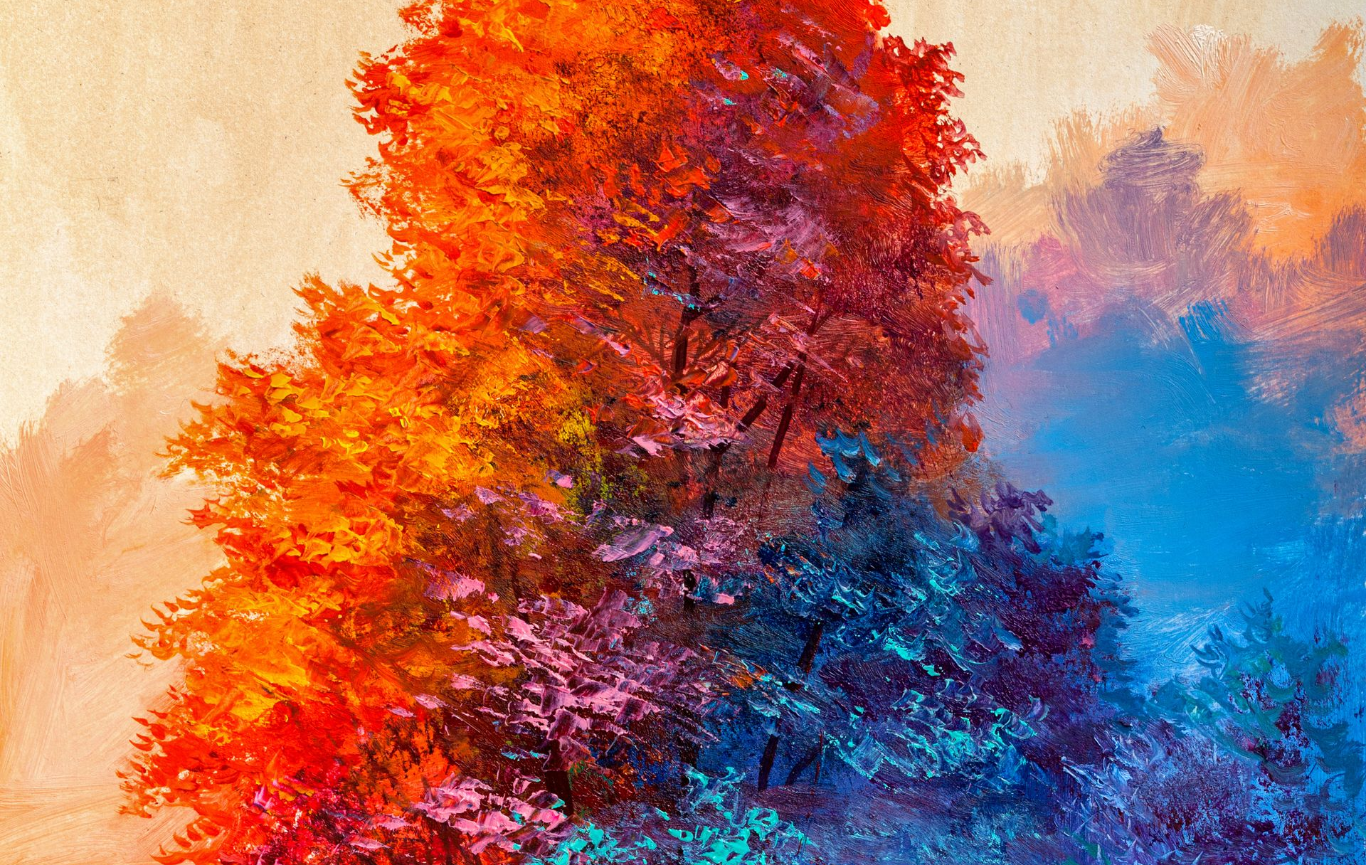 Peinture impressionniste colorée représentant un arbre aux teintes orange, rouge, rose et bleue.