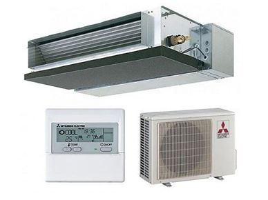 Una imagen de un aire acondicionado Mitsubishi y un control remoto.