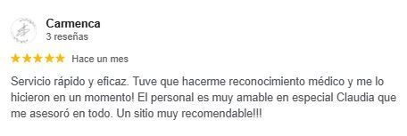 Opinión del cliente: «Servicio rápido y eficiente. Personal muy amable, especialmente Claudia».