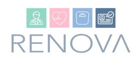 Logotipo con la palabra "RENOVA" debajo de cuatro cuadrados de colores con iconos médicos.