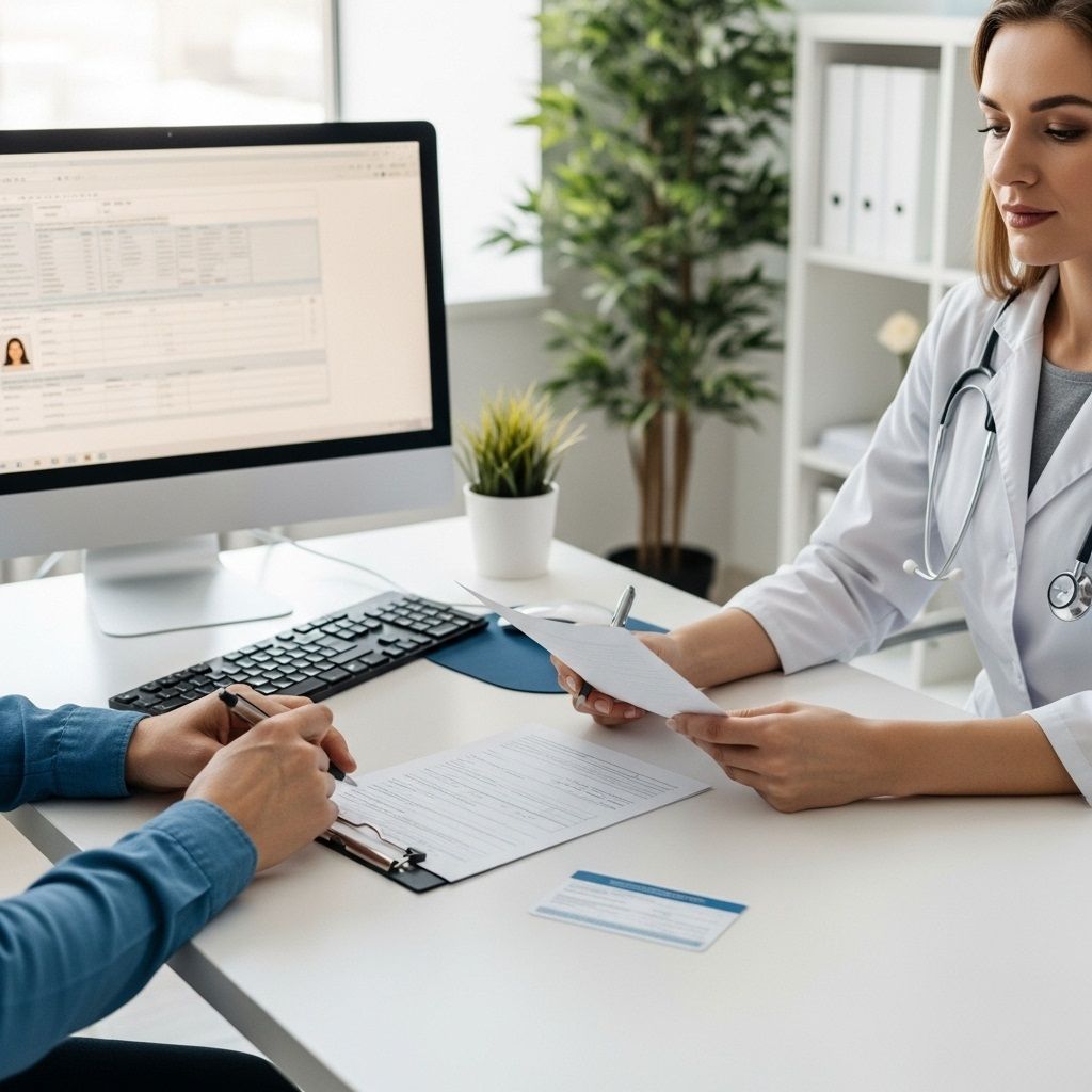 Médico revisando la documentación del paciente en un escritorio; se ven la computadora, el estetoscopio y una planta.