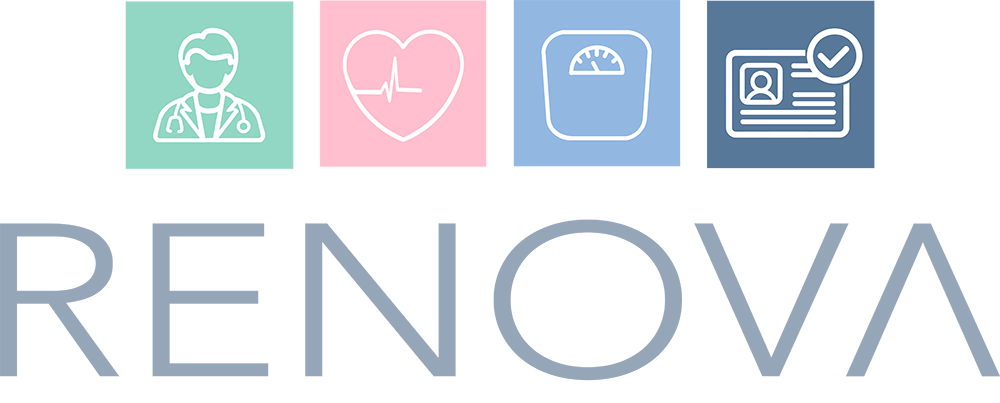 Logotipo con la palabra "RENOVA" debajo de cuatro cuadrados de colores con iconos m&eacute;dicos.