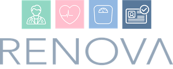 Logotipo con la palabra "RENOVA" debajo de cuatro cuadrados de colores con iconos médicos.