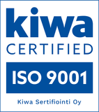 Kiwa Certified ISO 9001 -sertifiointilogo sinisenä ja valkoisena
