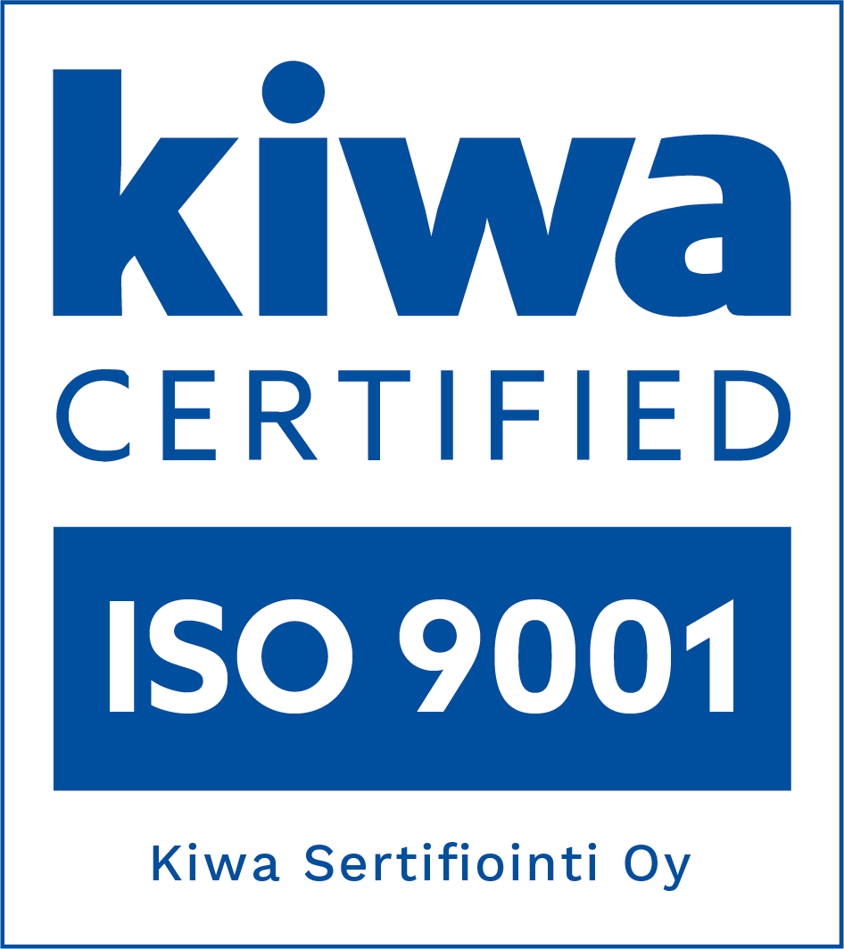 Kiwa Certified ISO 9001 -sertifiointilogo sinisenä ja valkoisena