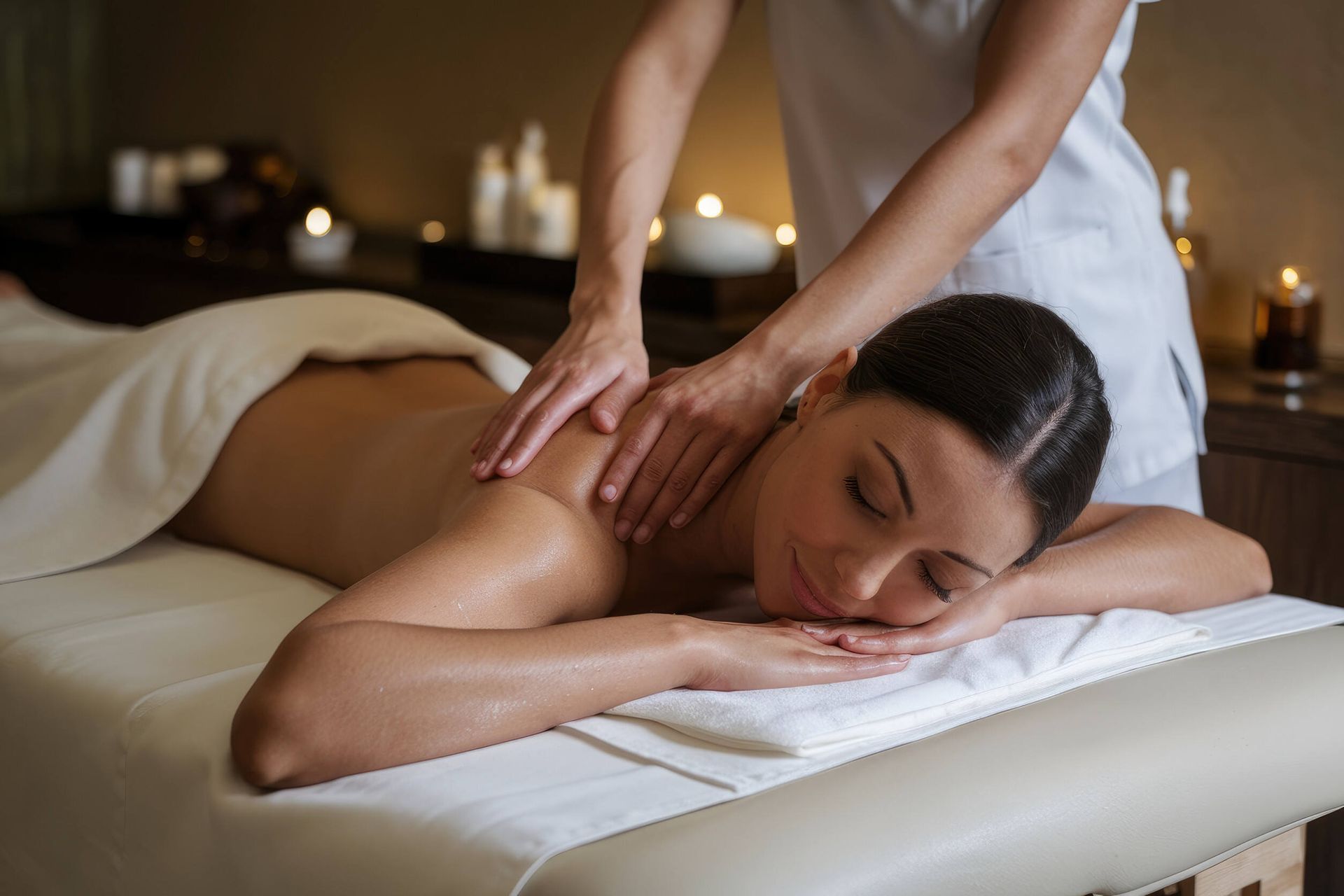 Una mujer está recibiendo un masaje en un spa con velas de fondo.