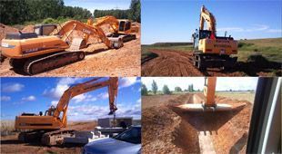 Un collage de cuatro imágenes de excavadoras trabajando en un sitio de construcción.