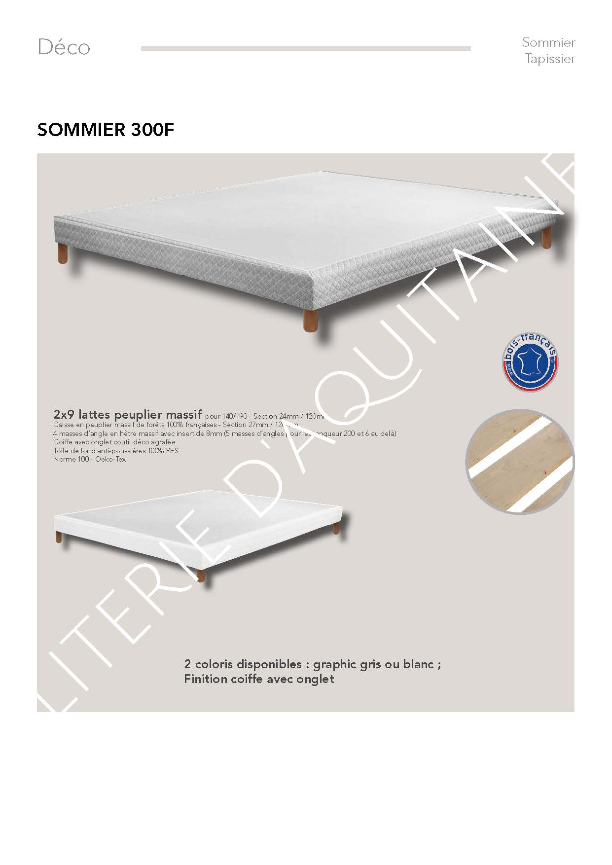 Sommier épaisseur 14cm - finition coiffe avec onglet - 2x9 lattes fixes - Toile de fond anti-poussières 100% PES - Norme 100 - Oeko-Tex - 18 collections de tissus et plus de 300 coloris disponibles
