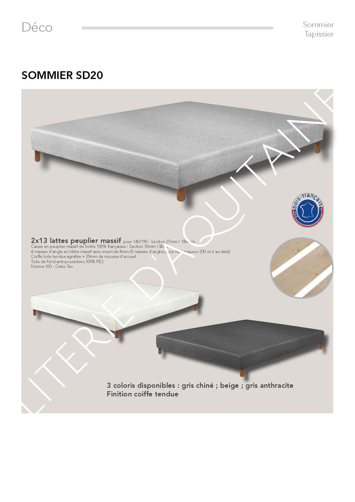 Sommier épaisseur 20cm - finition coiffe avec onglet - Disponible en 2 versions : 2x13 lattes fixes - Toile de fond anti-poussières 100% PES - Norme 100 - Oeko-Tex - 18 collections de tissus et plus de 300 coloris disponibles