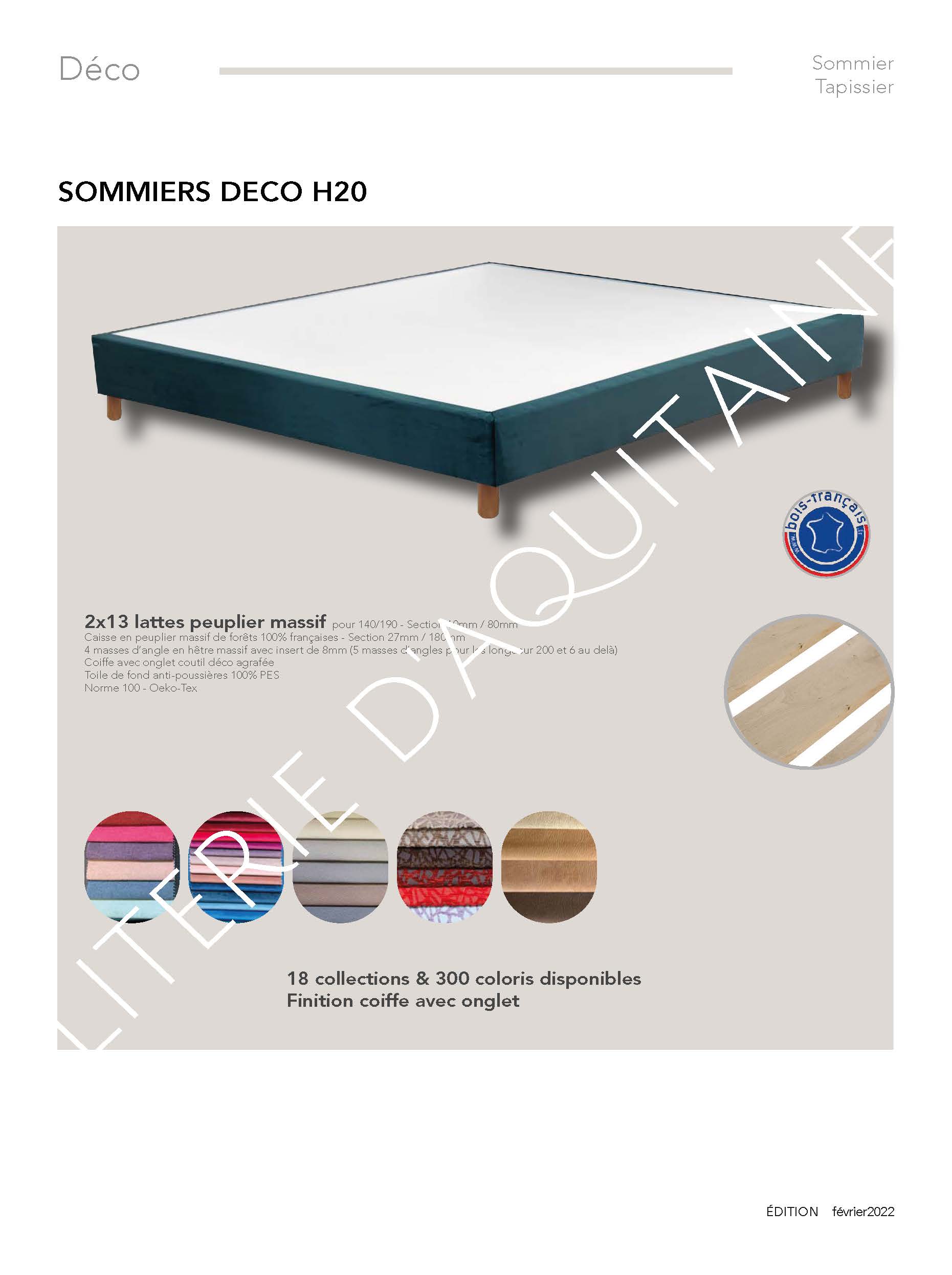 Sommier épaisseur 20cm - finition coiffe avec onglet - 2x13 lattes fixes - Toile de fond anti-poussières 100% PES - Norme 100 - Oeko-Tex - 18 collections de tissus et plus de 300 coloris disponibles