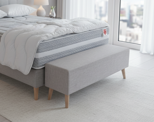 Structure peuplier massif de forêts 100% françaises- Section 27mm / 250mm - 4 masses d’angle en hêtre massif avec insert de 8mm (5 masses d’angles pour les longueur 200 et 6 au delà) Coiffe coutil déco agrafée Toile de fond anti-poussières 100% PES orme 100 - Oeko-Tex